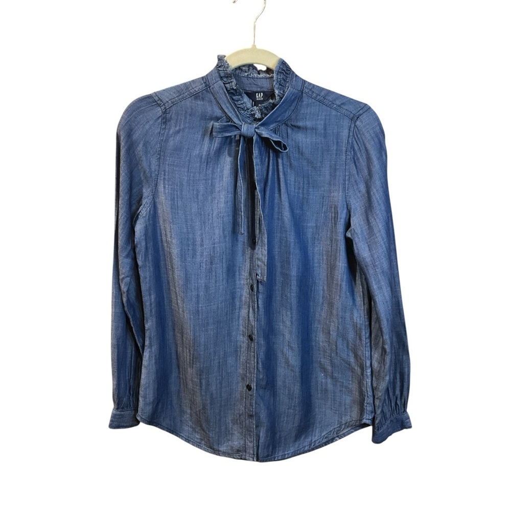 Gap Raw Hem Ruffle Neck Denim Shirt Size XS Collegiate Preppy Classic - Picture 3 of 6
